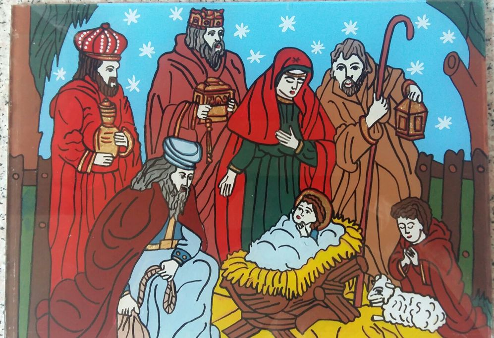 Icoana pictata manual pe sticlă cu Nașterea Domnului-Dimensiune A4