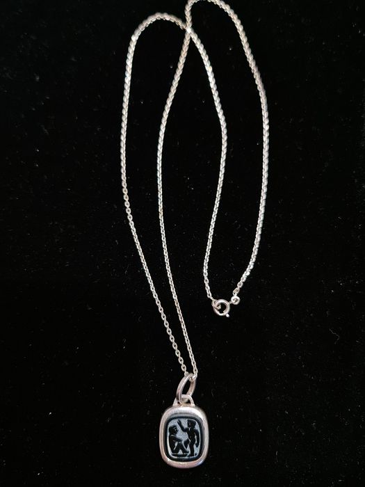 N Superb lant pandantiv argint 925 Germania,zodia gemeni,sticla topita