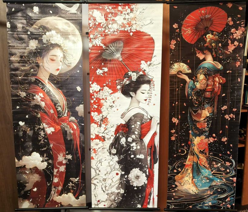 Set de 3 Postere Rulou Japoneze cu Gheișe  - Artă Pe Pânză