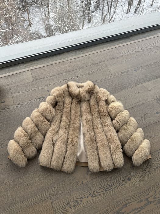 Палто от естествен косъм лисица и естествена кожа светло кафяво