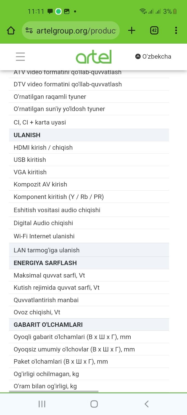 ARTEL UA50H3502 4K Ultra HD Golosovoy Dubl  pultli 3 yil gar