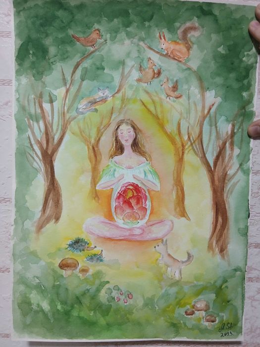 Картина Акварелью 30*40 в интерьер женщина нежный образ беременность