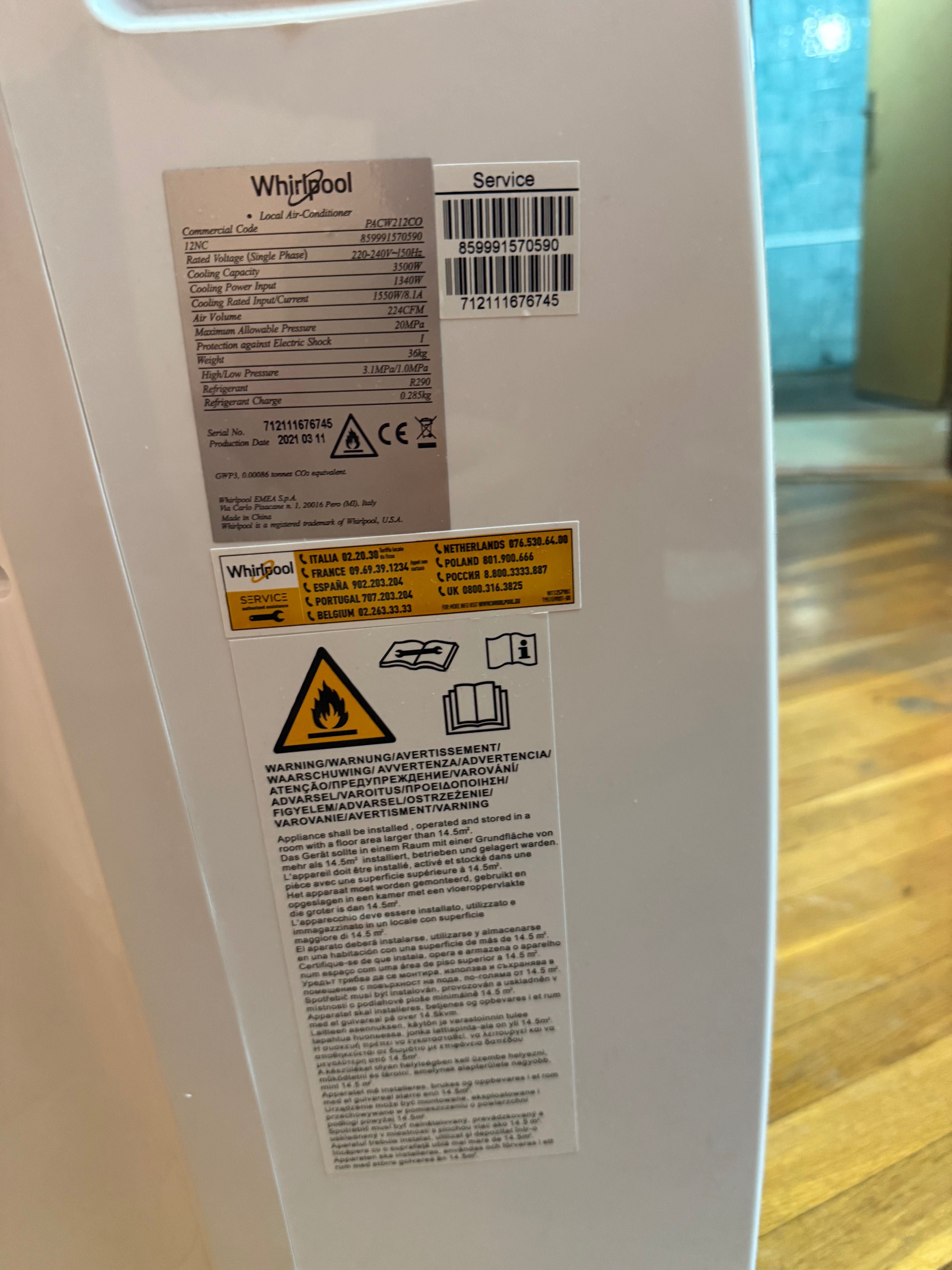 Преносим климатик Whirlpool 12 000 BTU, PACW212CO– КАТО НОВ!