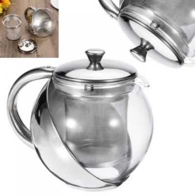 Стъклен чайник със стоманена платфорна и цедка 1.1L