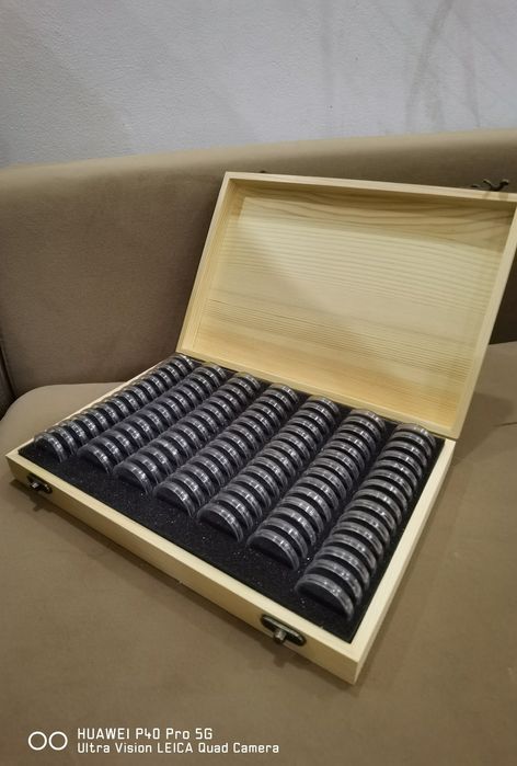 Дървена кутия за 100 монети + капсули + уплътнители за съхранение на м