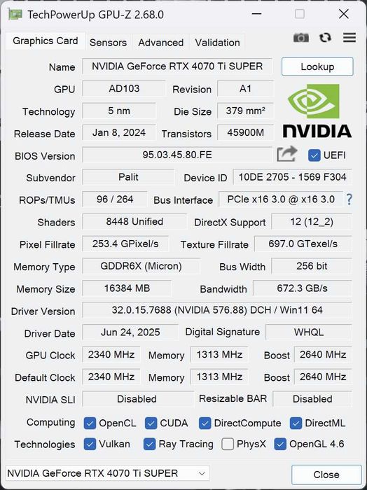 Видео карта Palit RTX 4070 ti Super Jetstream, 16GB GDDR6