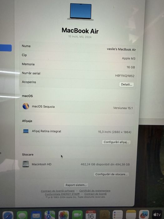 MacBook Air 15 M3, 16GB/512GB, impecabil ca nou, 1 ciclu încărcare