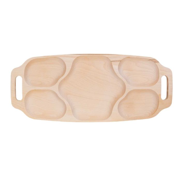 Tavă din fag cu 5 compartimente și mânere, 70×30 cm – design asimetric