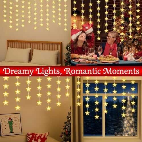 Нови 6 броя Коледни LED светлини звезди 8 режима таймер топла светлина