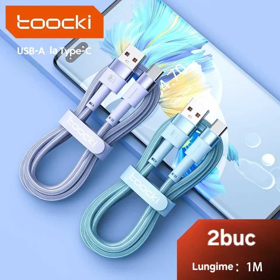 Set 2 cabluri fast charge USB C, culori pastel tip macaroons