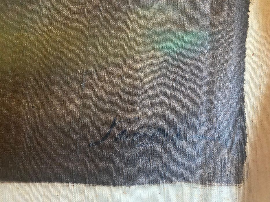 Pictura veche, ulei pe panza - peisaj cu caravana