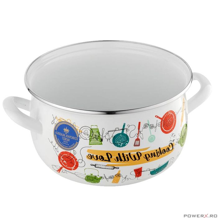 Oala cu capac din sticla, otel carbon, emailata, alba, 18cm, 3l,