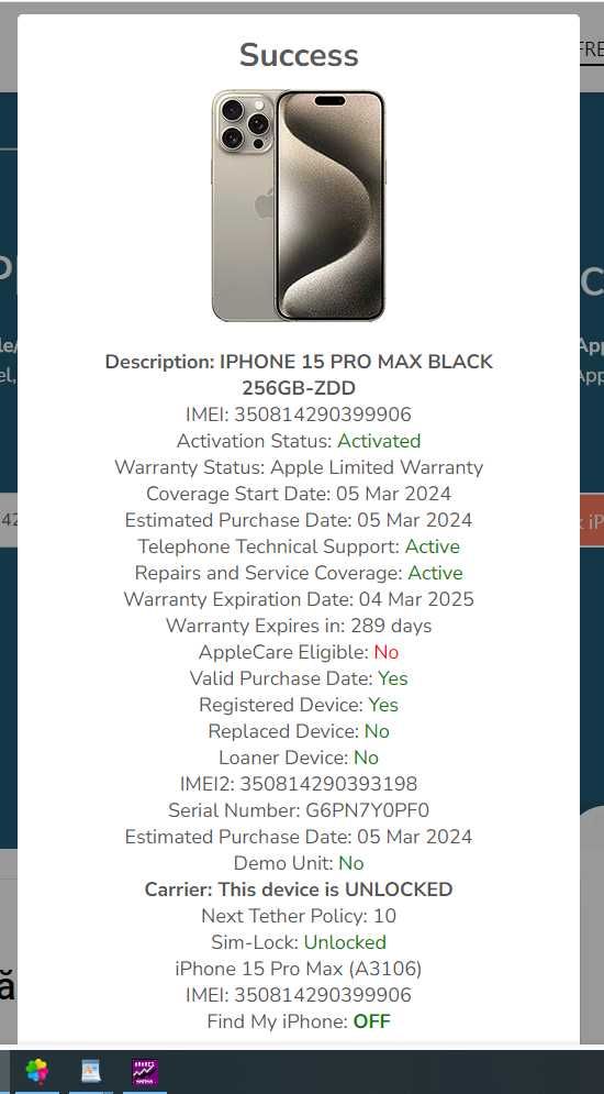 Iphone 15 Pro Max 256GB Black/Neverlocked/Garantie Apple ca NOU ID5365