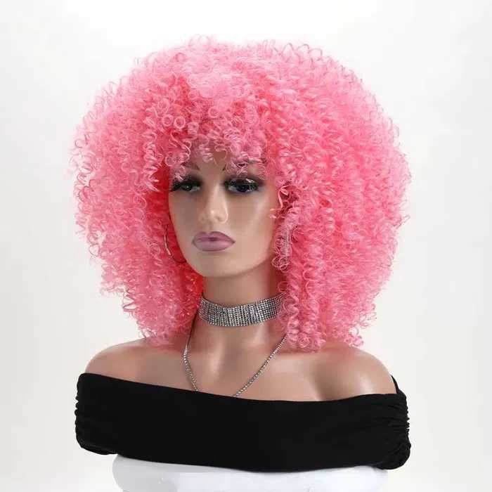 Розова къса афро къдрава перука