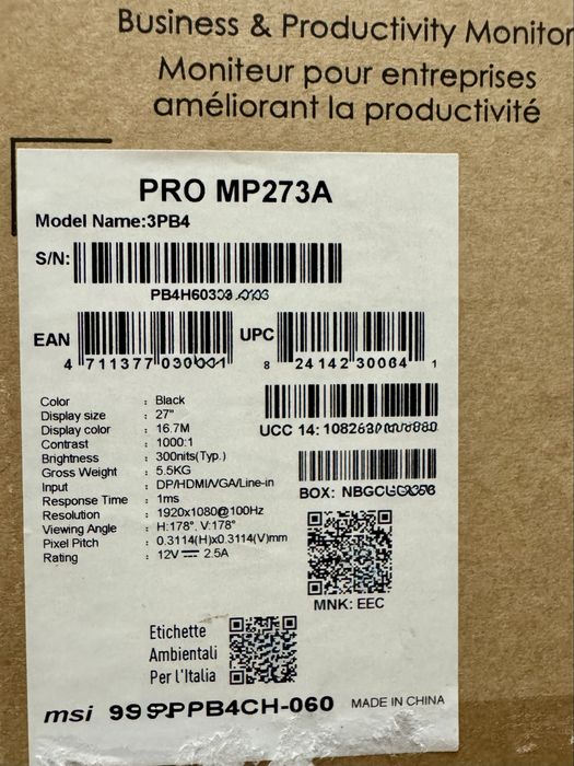 Монитор MSI PRO MP273A, 27 инча