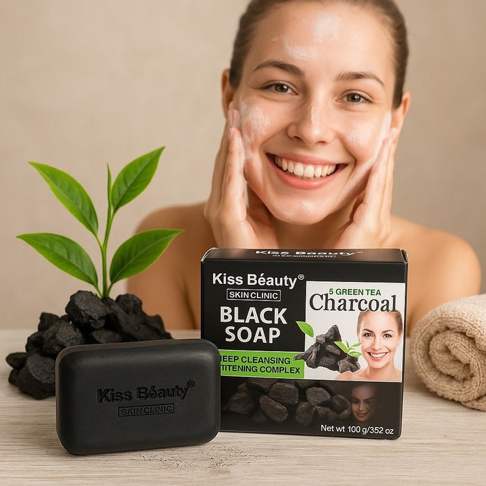 Сапун за лице и тяло с активен въглен и зелен чай – Kiss Beauty Black