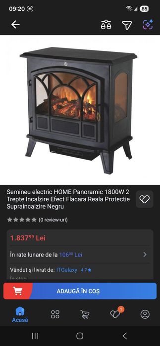 Șemineu electric HOME Panoramic 1800W, efect flacără reală, 2 trepte î