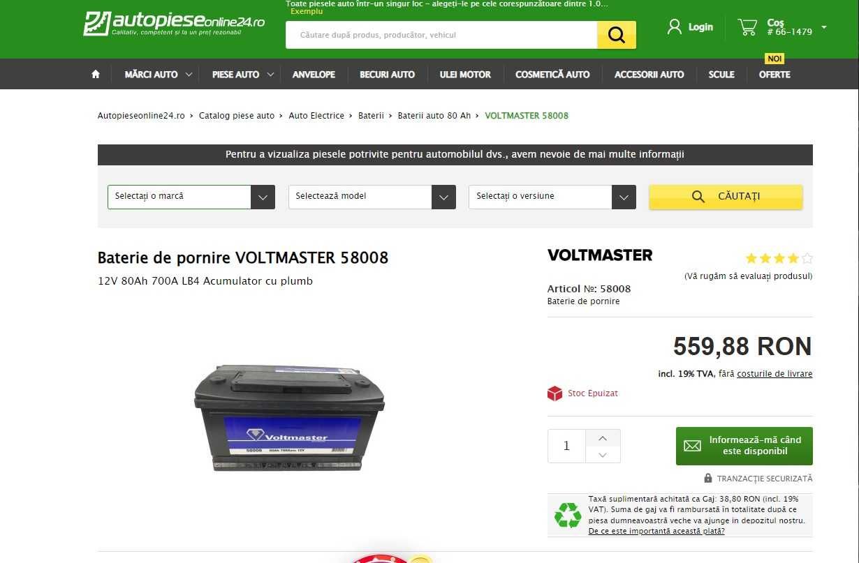 Baterie AUTO  VOLTMASTER , 12V 80Ah 700A , data jos de pe un sprinter