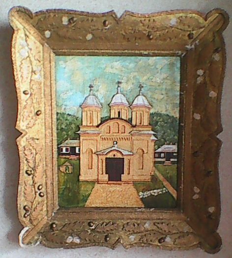 Tablou ulei pe lemn 48x60 cm reprezinta o biserica.