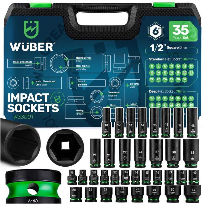 Set chei tubulare impact 1/2” Wuber, 35 piese