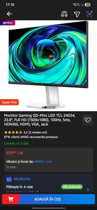 Monitor Gaming TCL LED 23.8"