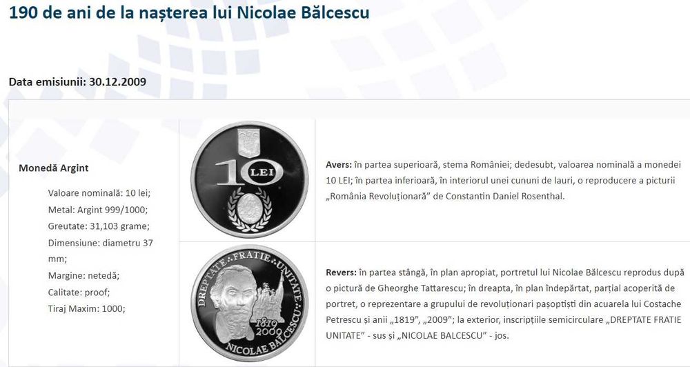 Moneda BNR 10 lei argint Nicolae Balcescu gradata NGC PF 69 UC