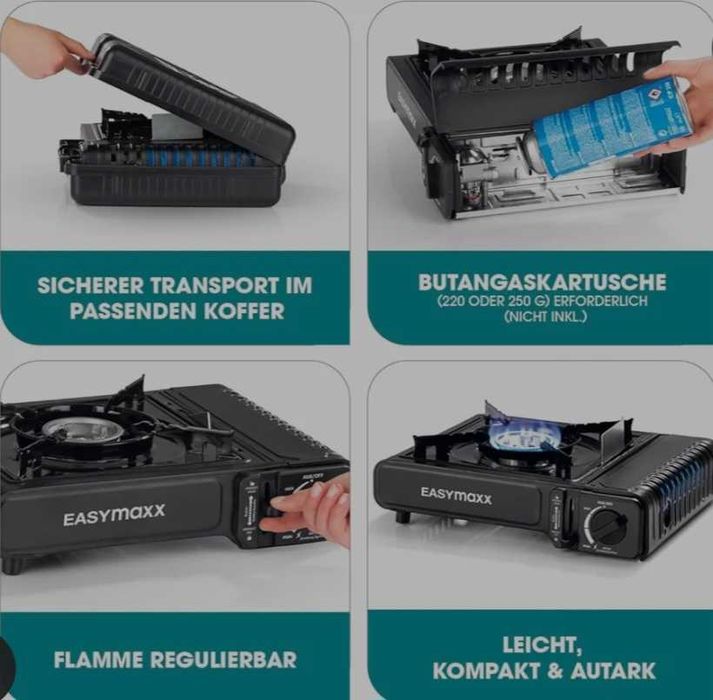 Преносима къмпинг газова печка EASYmaxx транспортна кутия и флакон газ