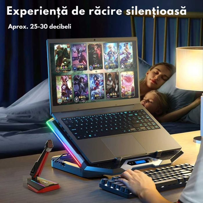 Cooler laptop, Suport de Racire RGB cu 8 Ventilatoare, 6 Trepte Reglab
