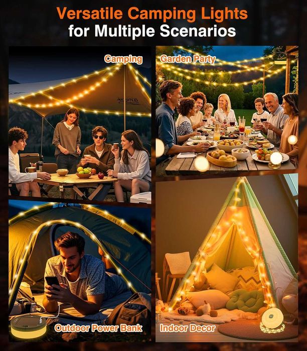 НОВИ! Соларни къмпинг лампички, 12м, 2-в-1, фенер и гирлянд, USB