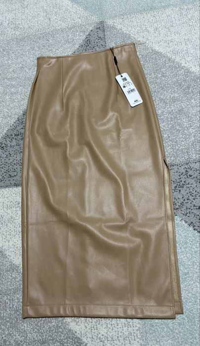 Fusta camel midi piele ecologica