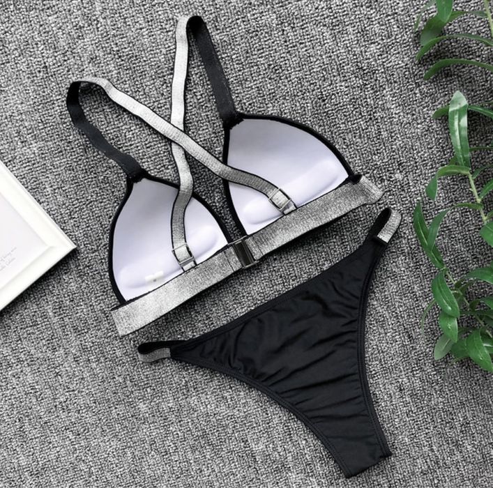 Costum baie C110 (Daira-Shop.ro) negru argintiu PushUp Talie inalta