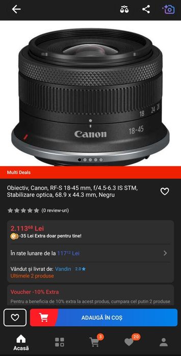 Obiectiv Canon RF-S 18-45 mm, F4.5-6.3 IS STM, SIGILAT, GARANTIE 2 ANI