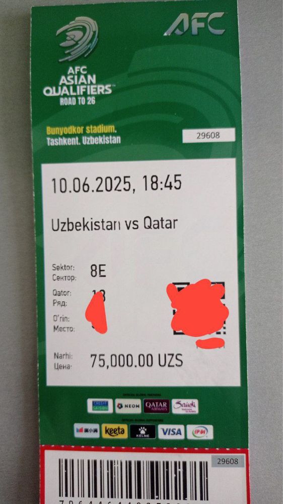 O’zbekiston vs Qatar o’yiniga biletlar bor