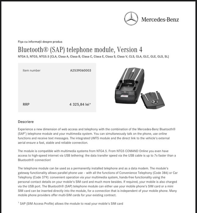 Modul Bluetooth telefon Mercedes A2129065302