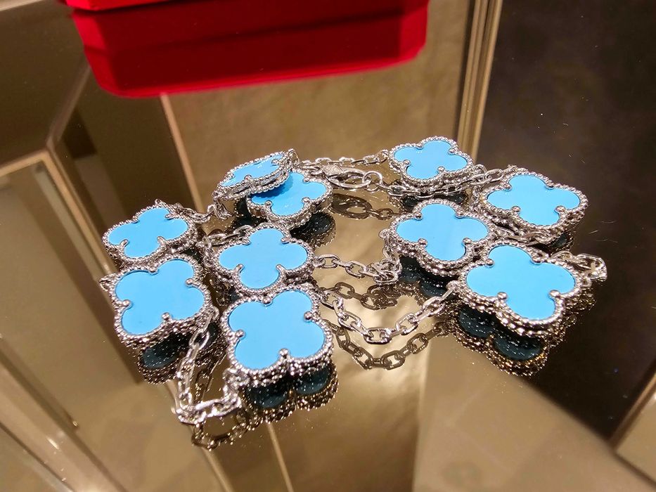 Van Cleef & Arpels VCA Silver Turquoise 10 Motif Alhambra Дамско Колие