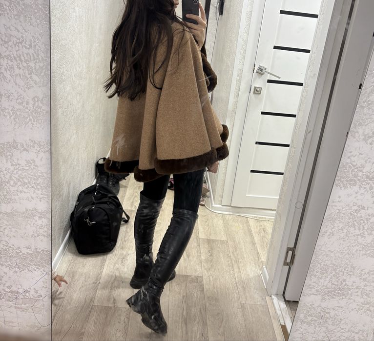 Пончо пальто кашемир мех эко-шиншилла