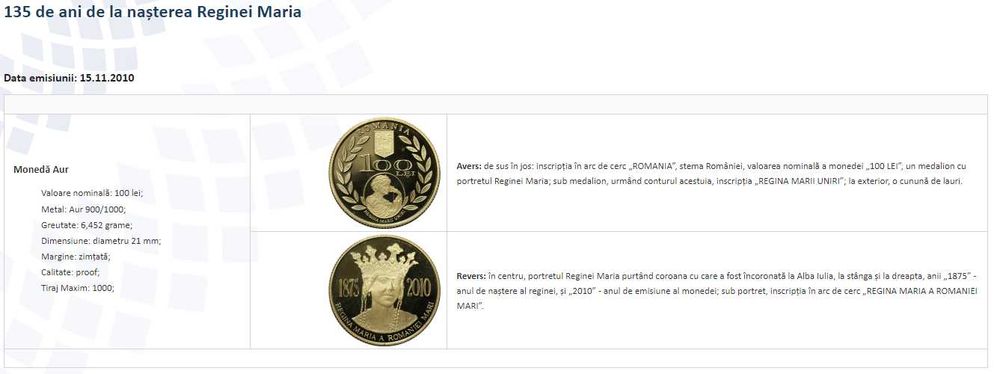 Moneda aur BNR : 135 de ani de la naşterea Reginei Maria