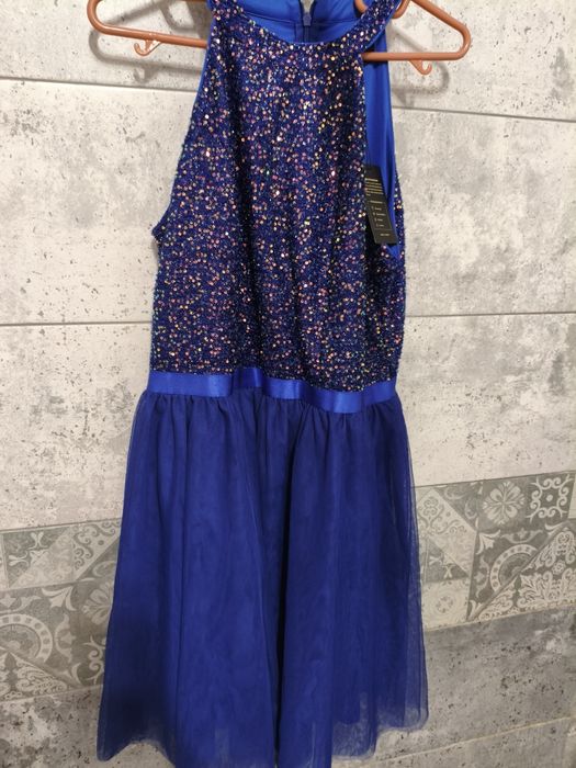 Rochie scurtă elegantă cu paiete Dressystar – halterneck, albastru reg