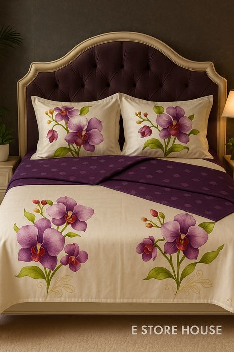 Lenjerie pat bumbac finet 6 piese -model floral mov Casa Pucioasa