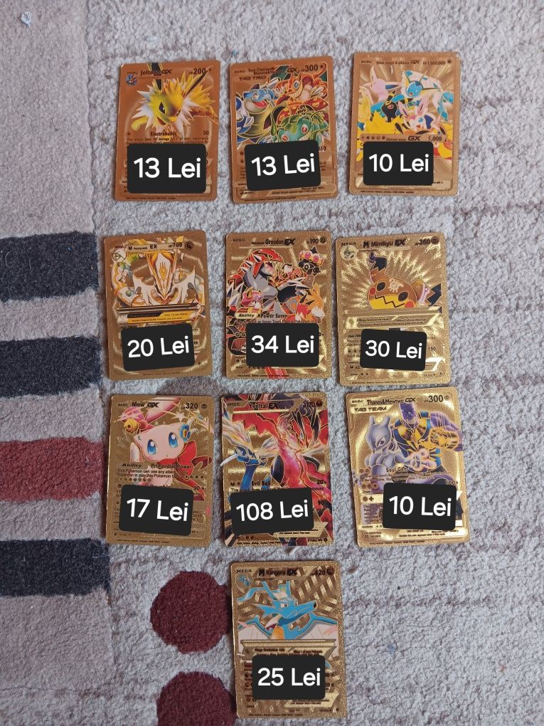 Vand 54 de cartonașe Pokemon originale+ pachetul lor, înveliș de aur