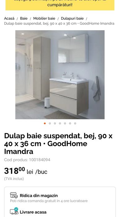 Dulap suspendat cu dimensiuni 90 cm x 40 cm x 36, rafturi sticla