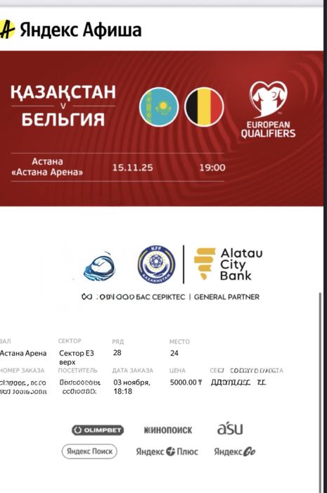 Билет на матч Казахстан-Бельгия за 8000тг