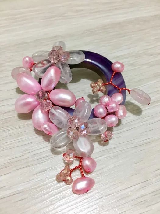 Brosa handmade cuart roz, agat, perle