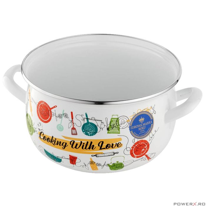 Oala cu capac din sticla, otel carbon, emailata, alba, 22cm, 5.3l,