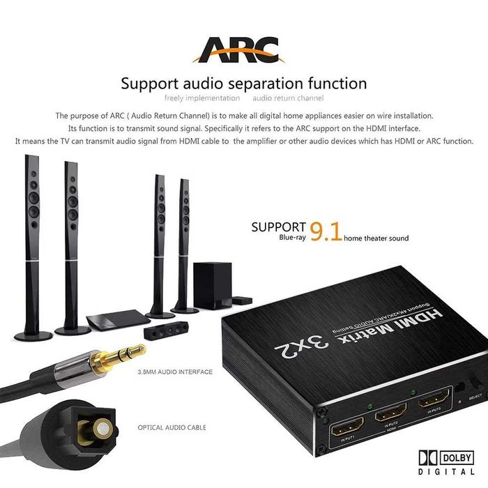 Switch splitter HOPE R®, 3 x 2 ARC HDMI 4K 3.5mm SPDIF