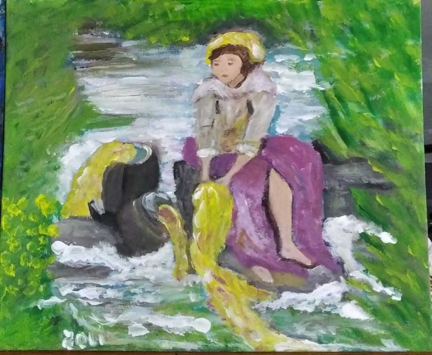 Femeia spălând rufele la râu,pictură acrilică,pânză .