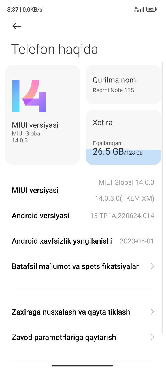 Redmi note 11 s  128 talik 6+2 aybi yuq