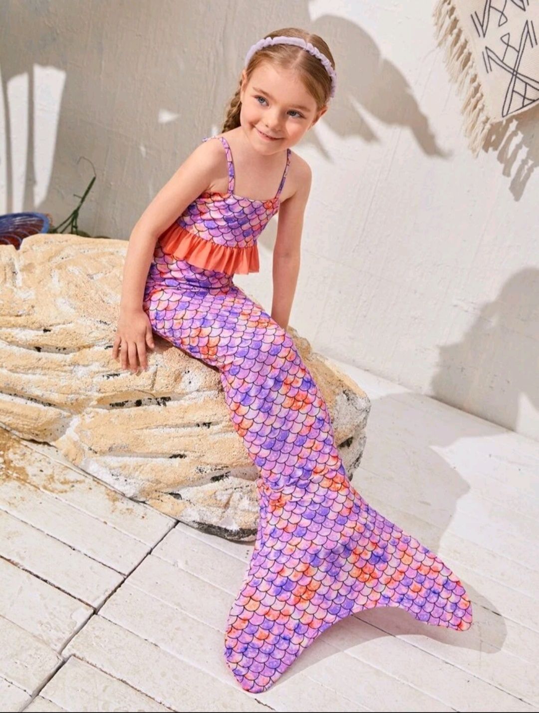Costum nou de baie cu coada de sirena din 3 piese pentru copii 5-6 ani