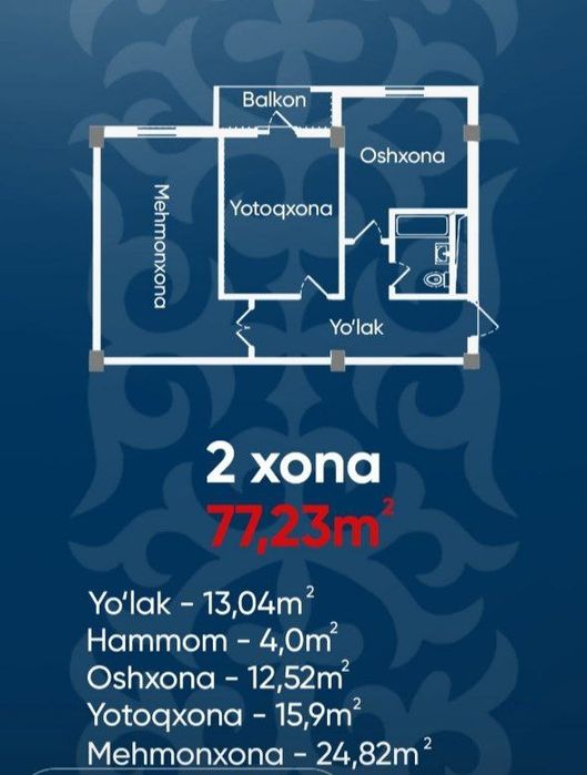 3 комнатная коробка 99кв.м Чиланзар Ц квартал