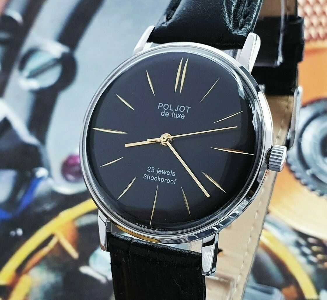 Vintage Ceas Poljot De Luxe ULTRA SLIM Negru WristWatch USSR